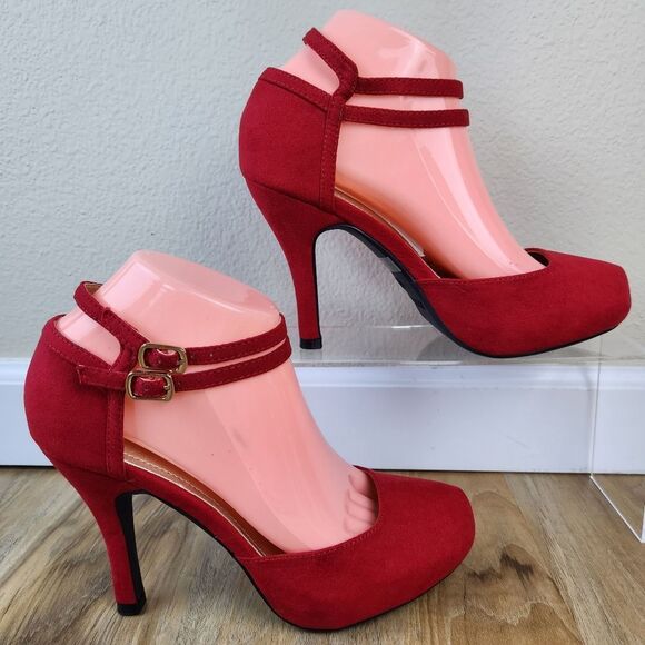 🩵NIB Red Faux Suede Leather Double Ankle Strap Platform Heels Size 7.5 - Picture 6 of 14